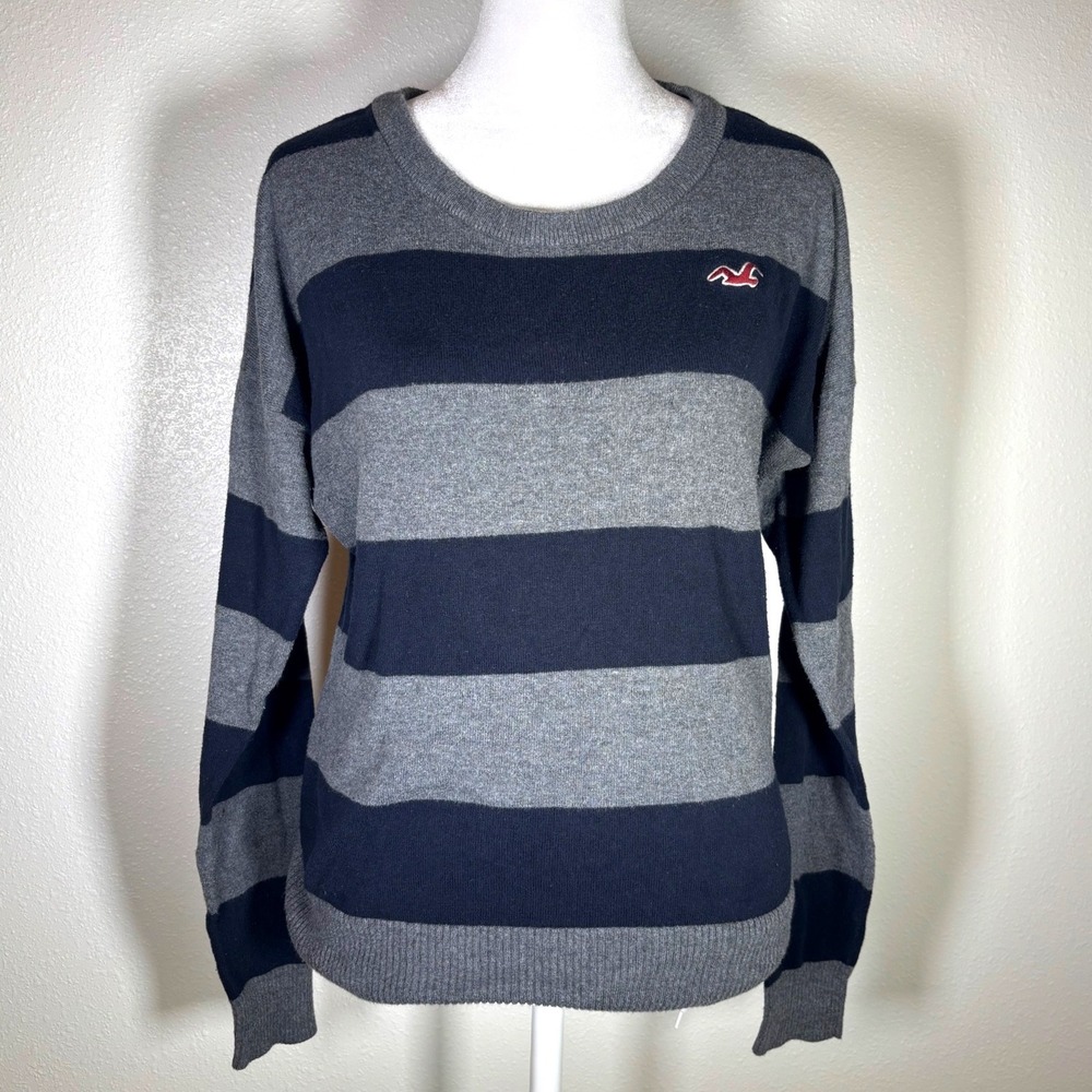 Y2K Hollister Mens XL Striped Crewneck Sweater Navy Gray Y2K Skater Grunge Knit